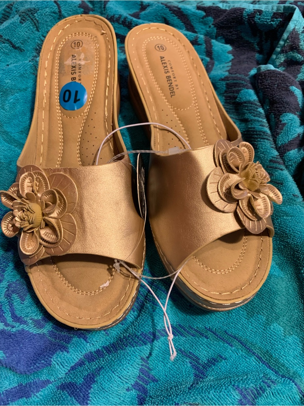Womens platform, sandals, gold tone with floral accent